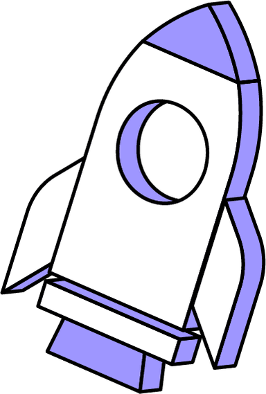 Large, stylized rocket graphic with black and light purple accents on a light grey background.